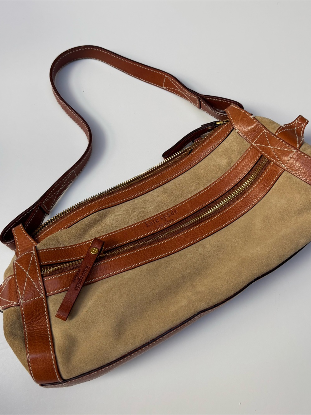 kate spade Tan Suede Mini Shoulder Bag with Brown Leather Trim